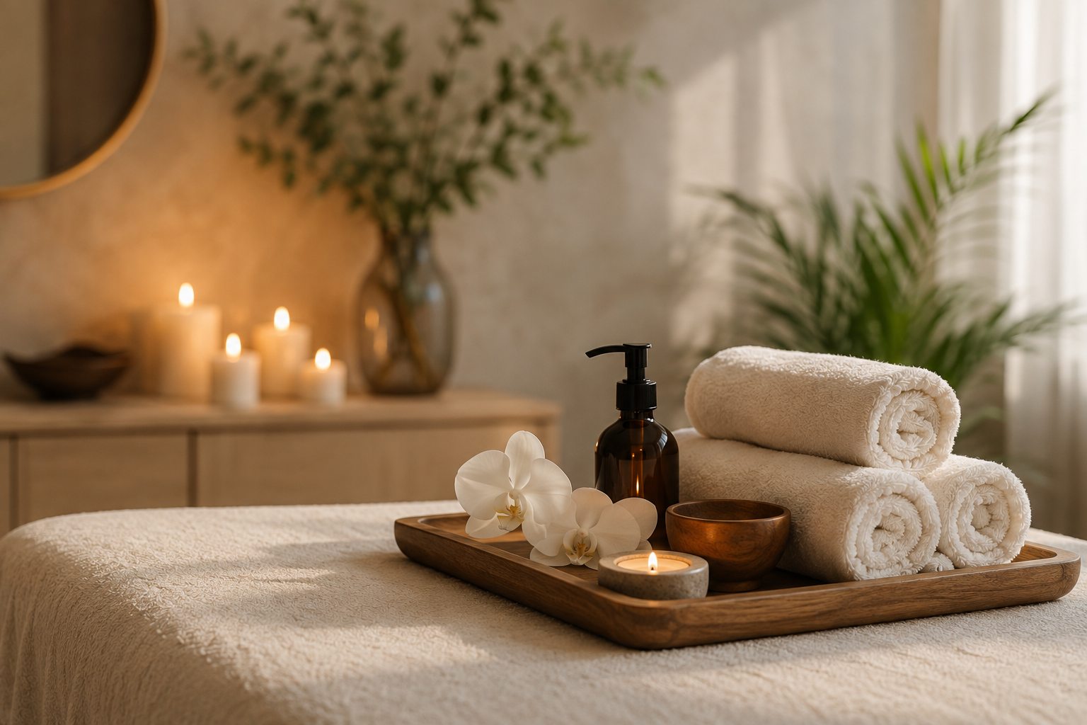A serene spa treatment bed prepared with folded towels and natural wellness details